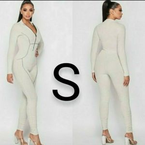 🆕Cream & Black Ribbed Bodycon Long Sleeve Fashion Jumpsuit Size S